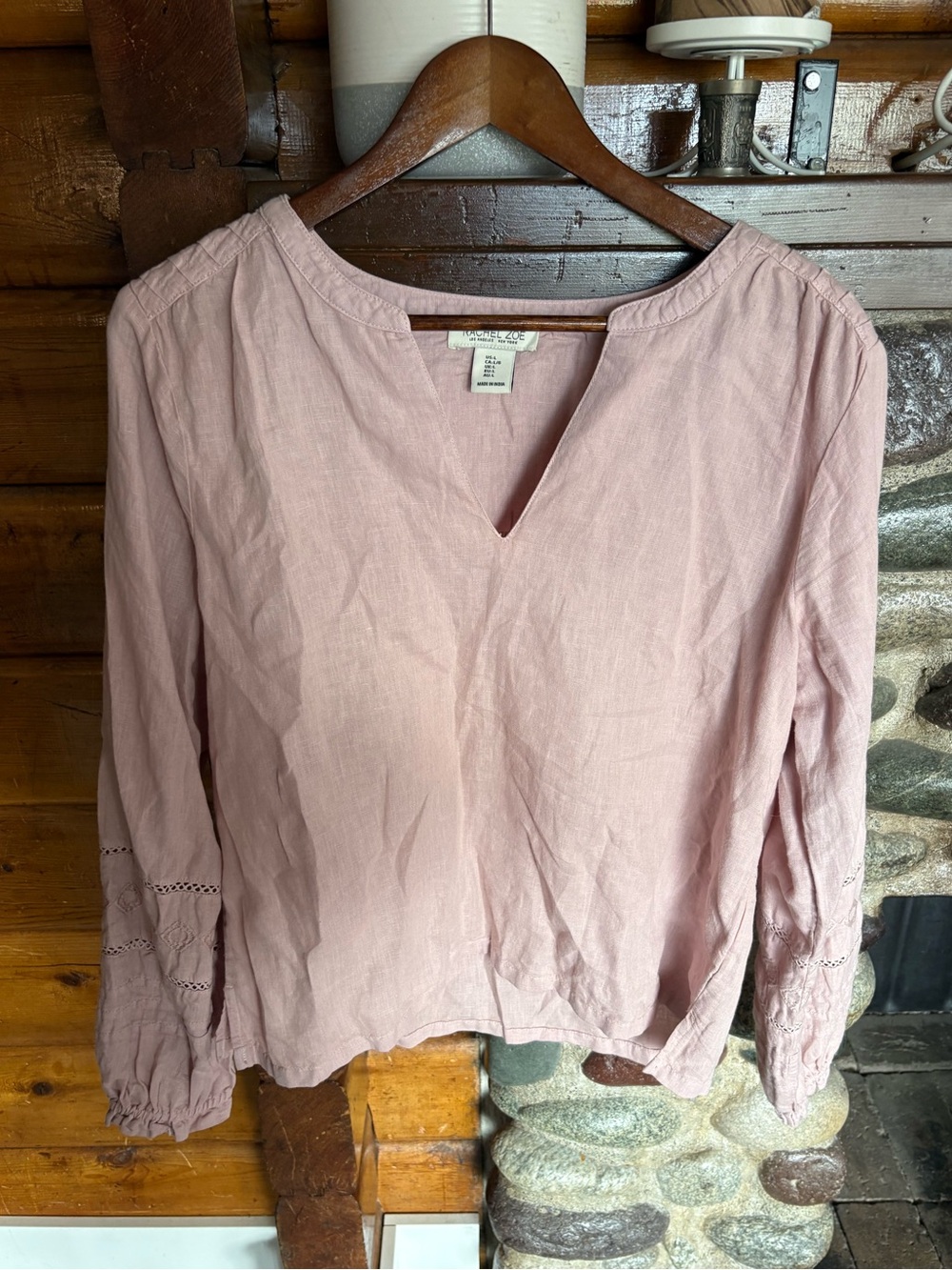 Rachel Zoe Linen Cotton Embroidered Boho Blouse Blush Pink Size L